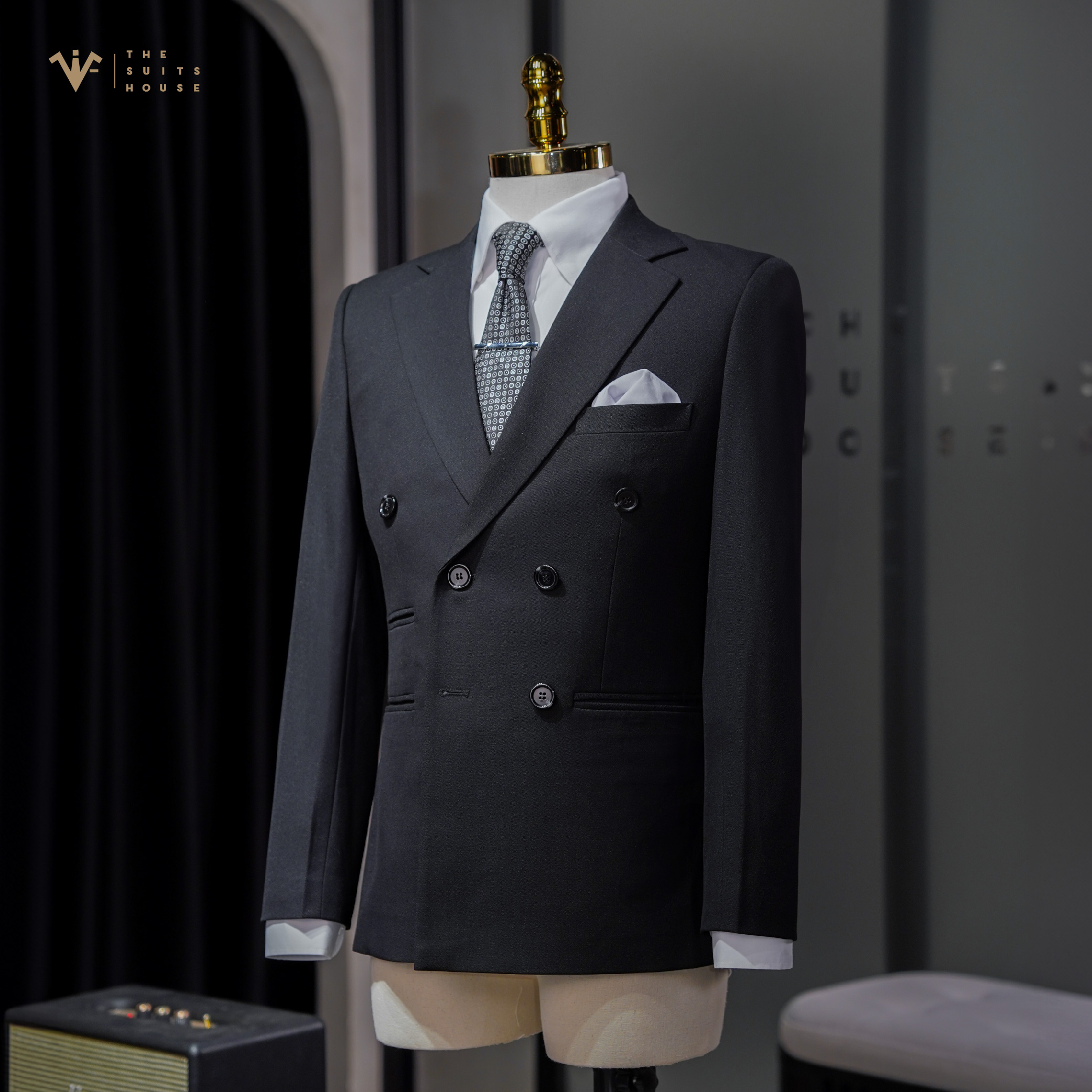 [CLASSY 1] Nguyên bộ suits 2 mảnh ĐEN 6 KHUY 3 TÚI, vải cashmere, form chuẩn