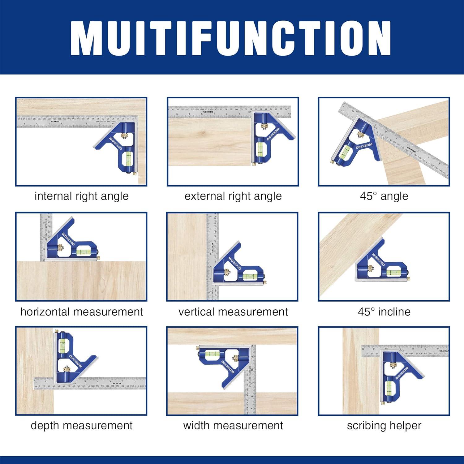 Thước Góc Kết Hợp, Thước Vuông Kết Hợp Bằng Thép Không Gỉ 300mm, Thước Vuông Kết Hợp Với Cấp Thần Và Bút Kẻ Đường Tiện Dụng, Lý Tưởng Để Đo Vạch, Đánh Dấu