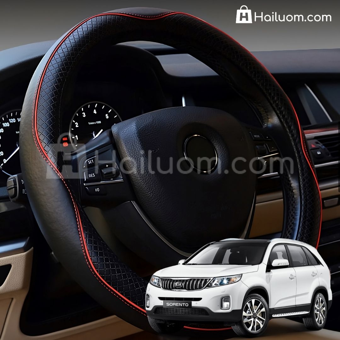 Bọc Vô Lăng ô tô cho KIA SORENTO Da Thật Cao Cấp - Màu Đen Chỉ Đỏ