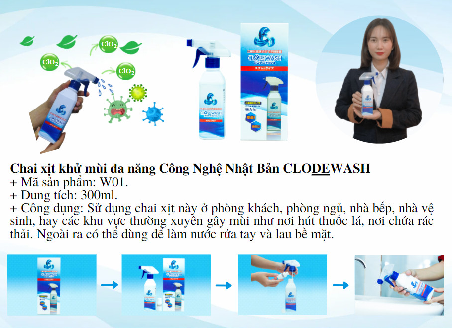 Chai xịt khử mùi thuốc lá, mùi hôi, mùi ẩm mốc, mùi thức ăn...công nghệ Nhật Bản CLODEWASH 300ml