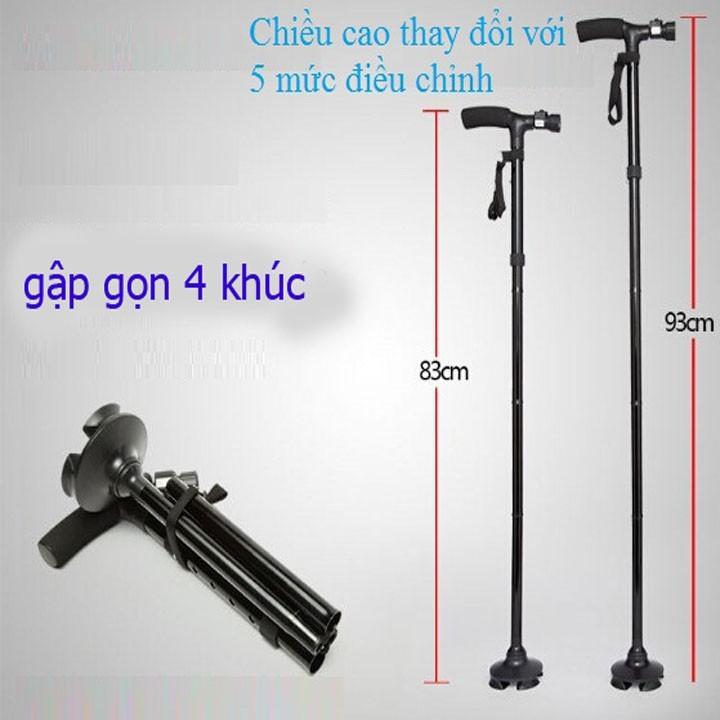 Gậy chống trượt gấp lại với 3 dẫn có đèn pin cho người già.