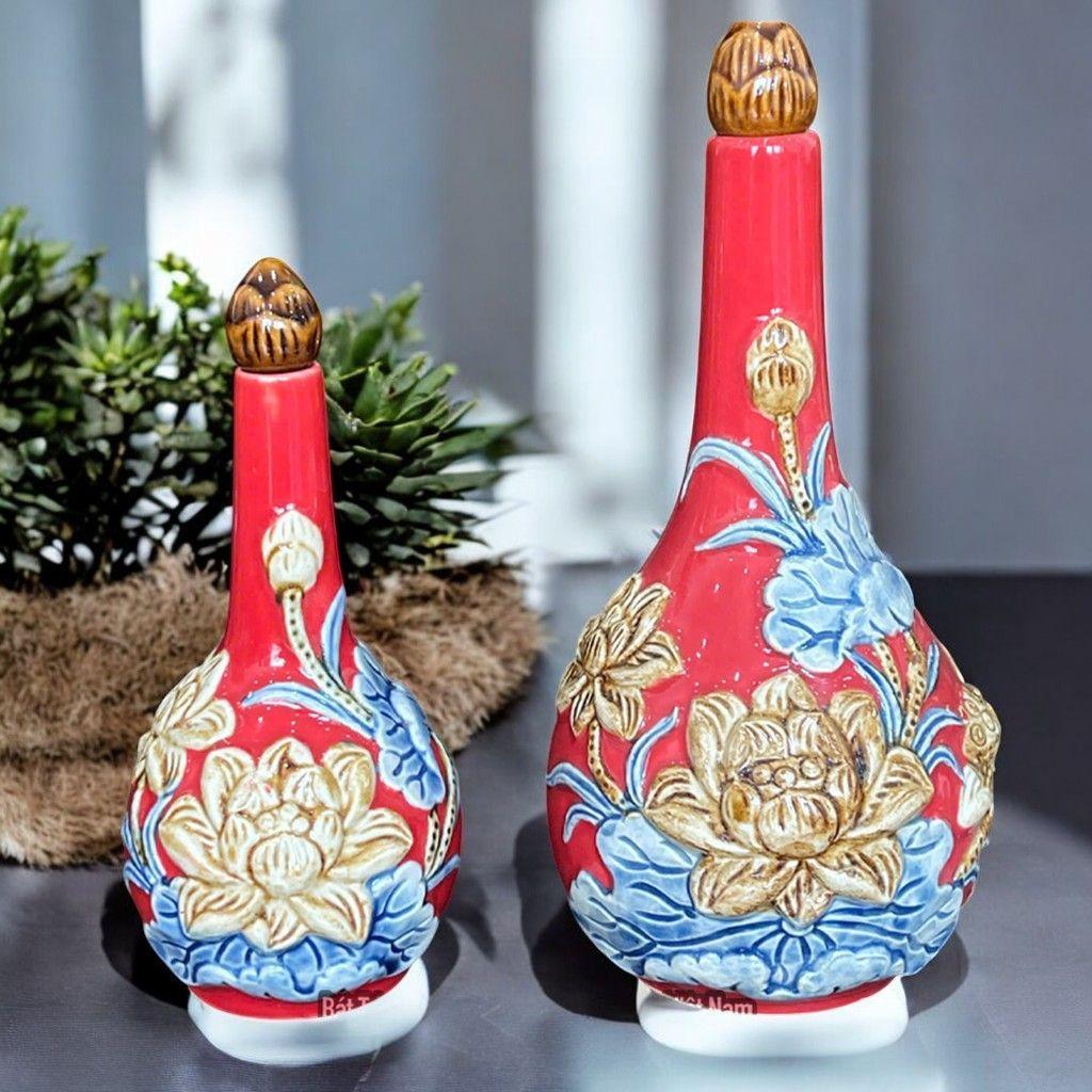 Nậm Rượu Bát Tràng Men Đỏ Cao Cấp RỒNG VIỆT – Họa Tiết Rồng, Sen, Đào Thọ, Đa Kích Thước