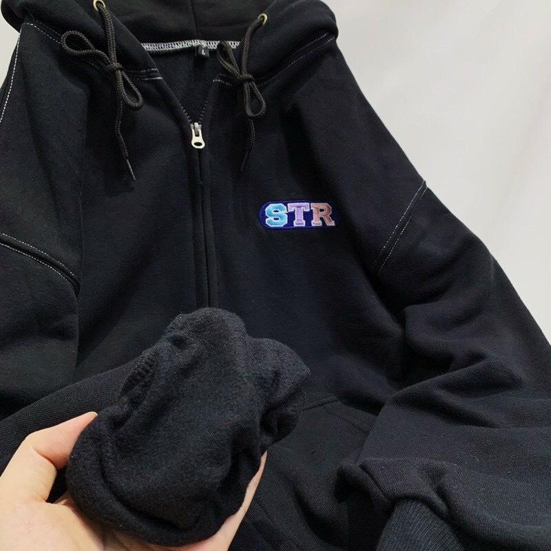 Áo Khoác Hoodie Nỉ Bông Zip STR Form Rộng Uniex Nam Nữ Ulzzang KUN