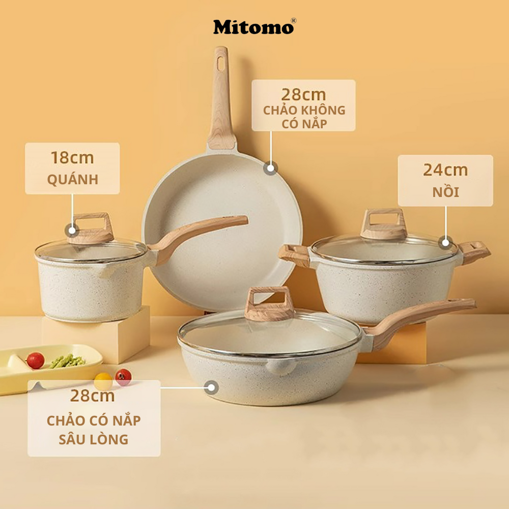 Bộ nồi vân đá chóng dính cao cấp 4 món Mitomo, đúc nguyên khối, nấu trên mọi loại bếp - Hàng chính hãng