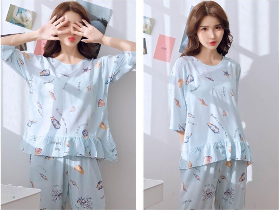 VAPERLA Bộ cotton mặc nhà ocean tay lỡ quần dài