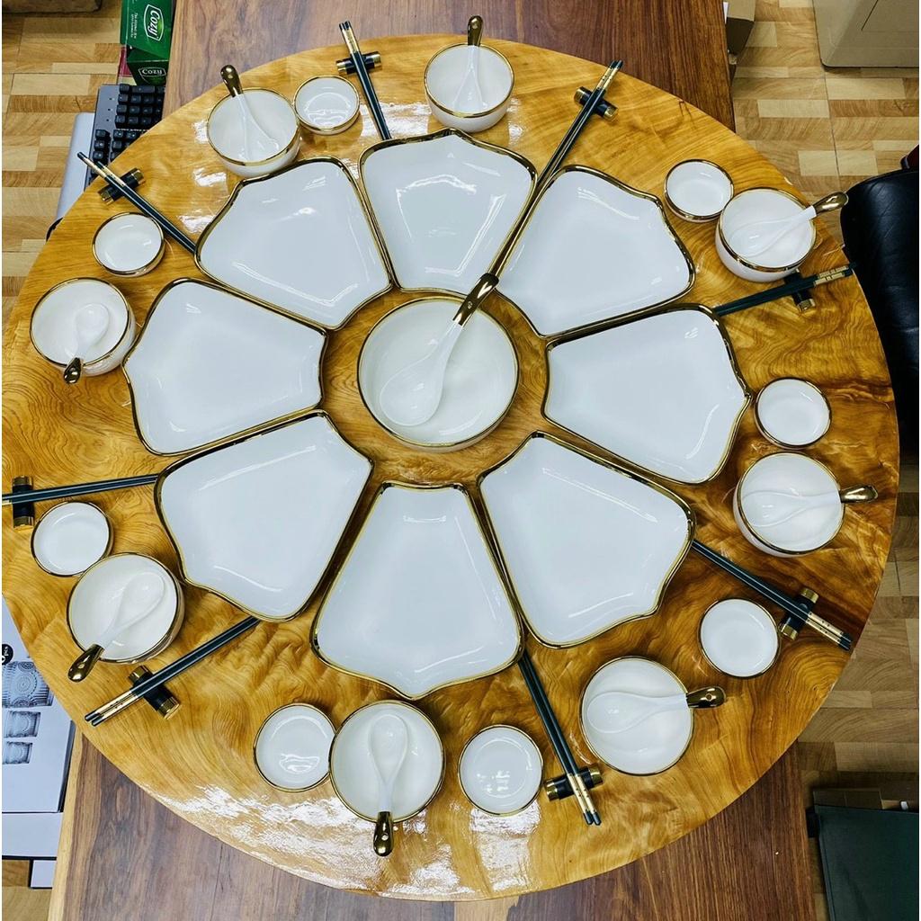 Set bát đĩa Hướng Dương lá me 8 cánh màu trắng bằng gốm sứ cao cấp