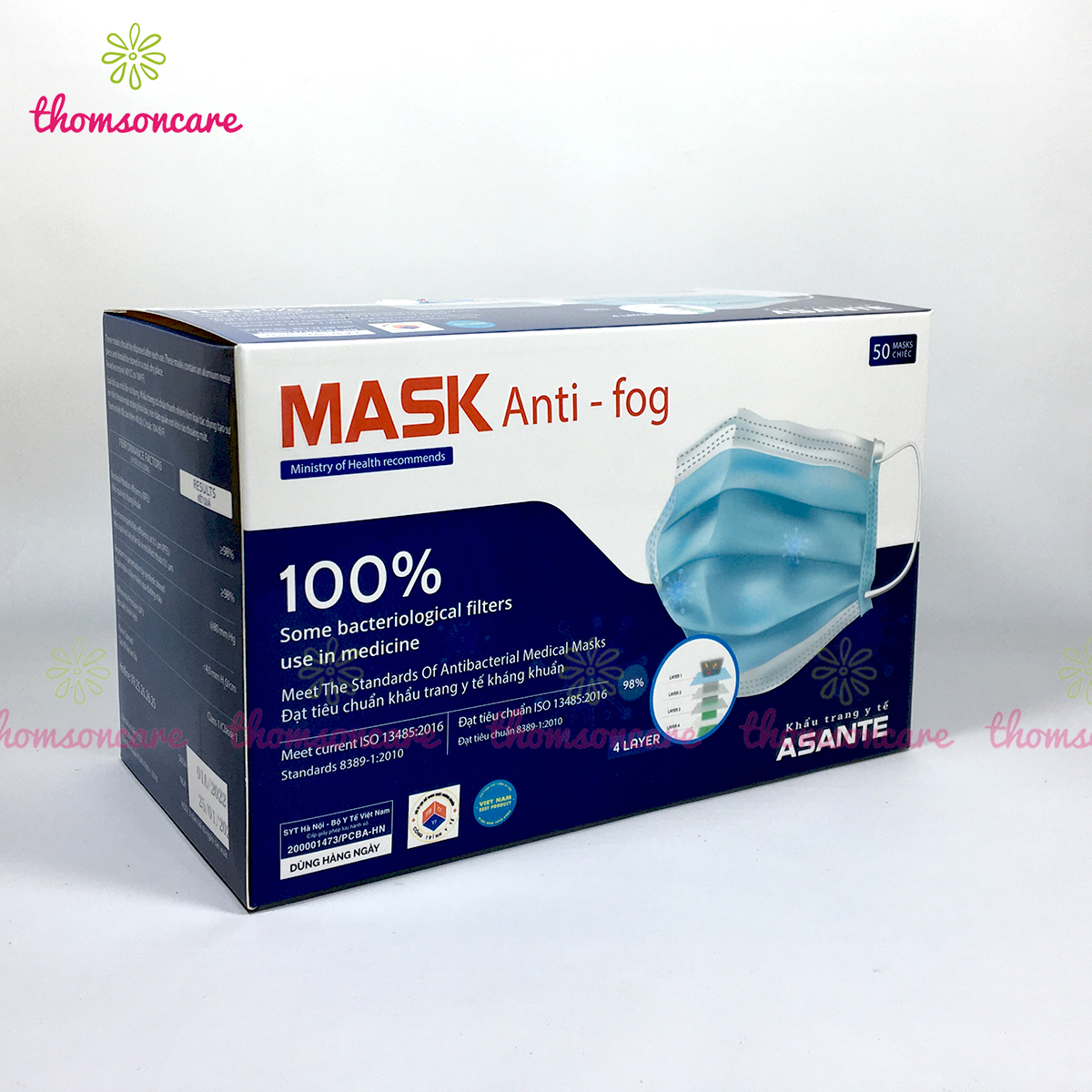 Hộp khẩu trang y tế 4 lớp Asante kháng khuẩn 50 cái màu Trắng lọc bụi, vi khuẩn Chống Ô Nhiễm