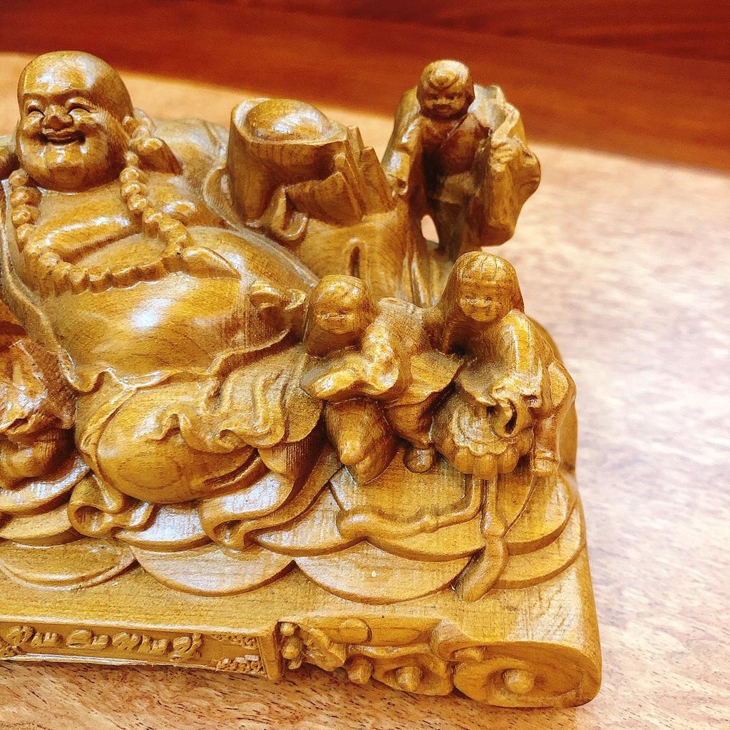 Tượng Phật Di Lặc Ngũ Phúc Gỗ Bách Xanh Để Ô Tô, Bàn Làm Việc