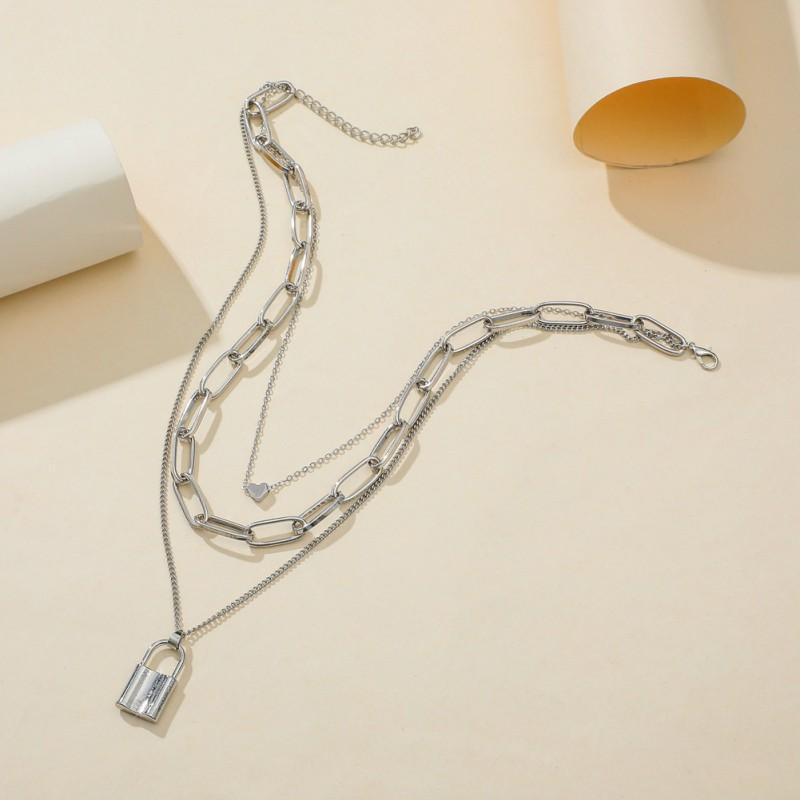 Dây chuyền ba lớp mặt dây hình ổ khóa và trái tim hợp thời trang cho nữ