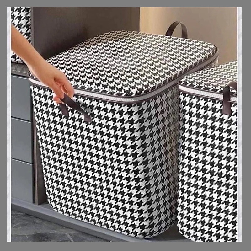 Túi đựng chăn màng quần áo caro sọc trắng đen có dây kéo tiện lợi