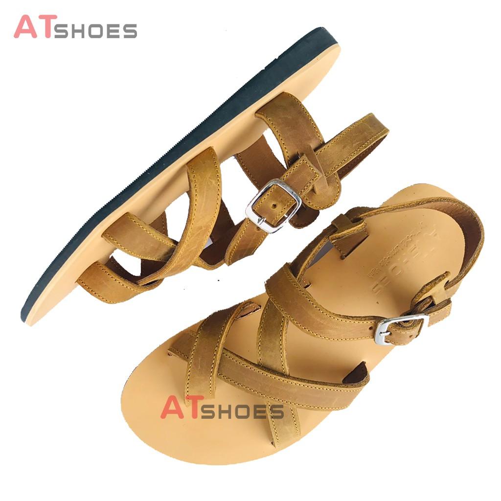 Dép Sandal Unisex - Da Bò Sandal xỏ ngón nam nữ chuẩn kiểu HQ Trẻ Trung Atshoes AT40 (Vàng)