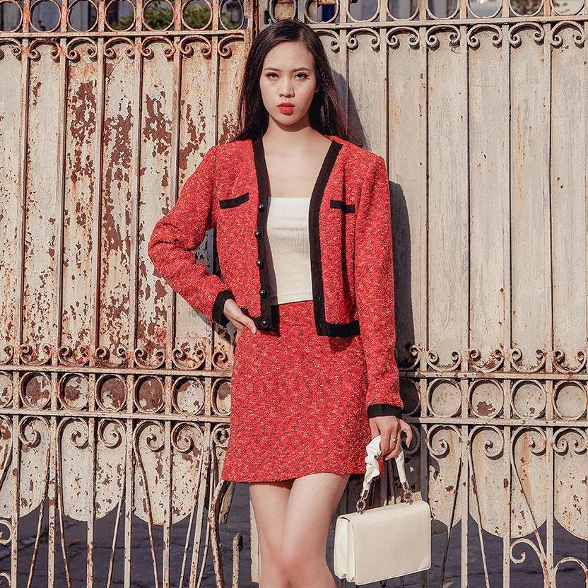 Set dạ 2 lớp tweed nữ đỏ diện Noel, diện Tết, tinh tế và sang trọng, hàng thiết kế cao cấp TK Fashion - Sét dạ K1