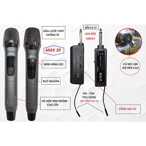 Micro Karaoke Không Dây Đa Năng Max 39 Chống Hú - Màn Hình Lcd Hiển Thị Tần Số - Phù Hợp Cho Mọi Thiết Bị