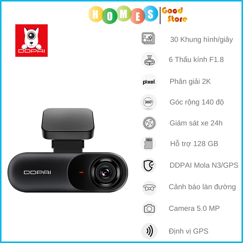 Camera Hành Trình Ô Tô DDPAI N3 Độ Phân Giải 2K Cảnh Báo Làn Đường Giám Sát 24 Giờ, Định Vị GPS Hiển Thị Tốc Độ, Hỗ Trợ Bộ Nhớ Lên Tới 128GB - Hàng Chính Hãng