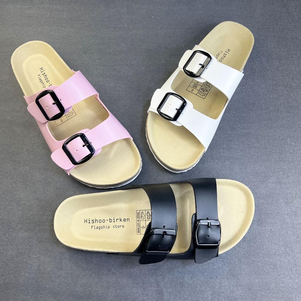 Dép đế trấu birken nam nữ unisex 2 khóa da tổng hợp size 35 - 43 chính hãng Hishoo S093