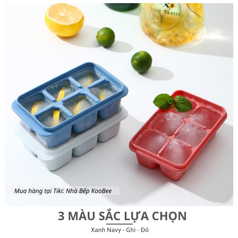 Khay đá khay trữ đông ăn dặm, làm thạch rau câu silicon dẻo 6 ngăn có nắp đậy - Bộ chia thức cho bé ăn dặm KooBee
