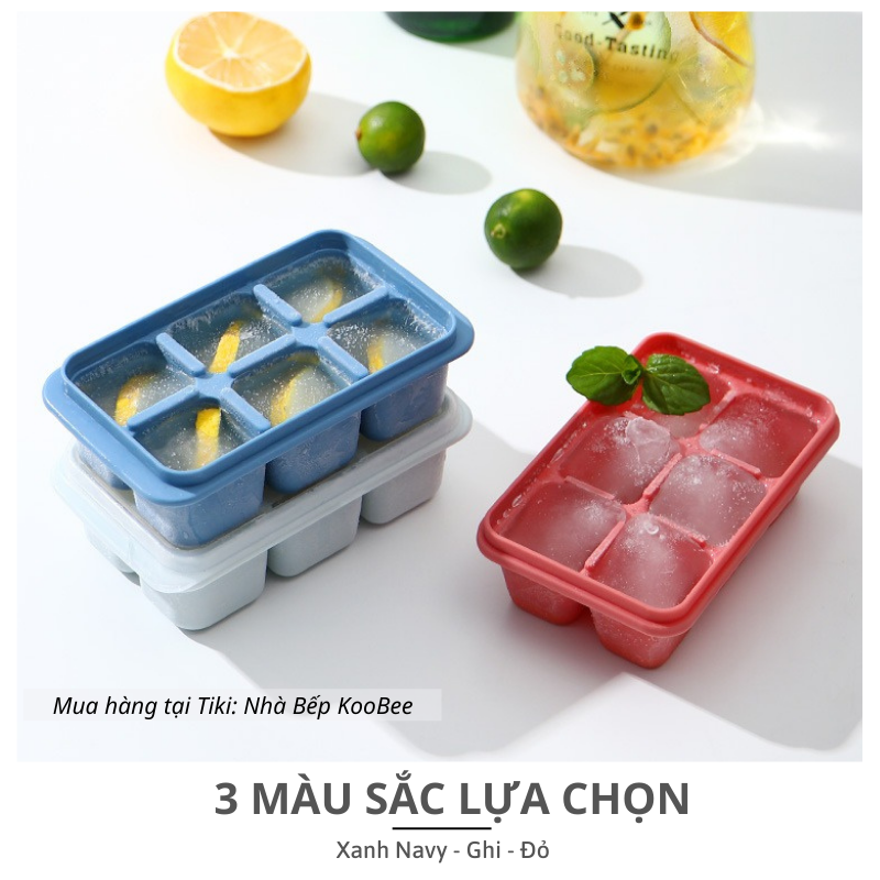 Khay đá khay trữ đông ăn dặm, làm thạch rau câu silicon dẻo 6 ngăn có nắp đậy - Bộ chia thức cho bé ăn dặm KooBee (NB56)