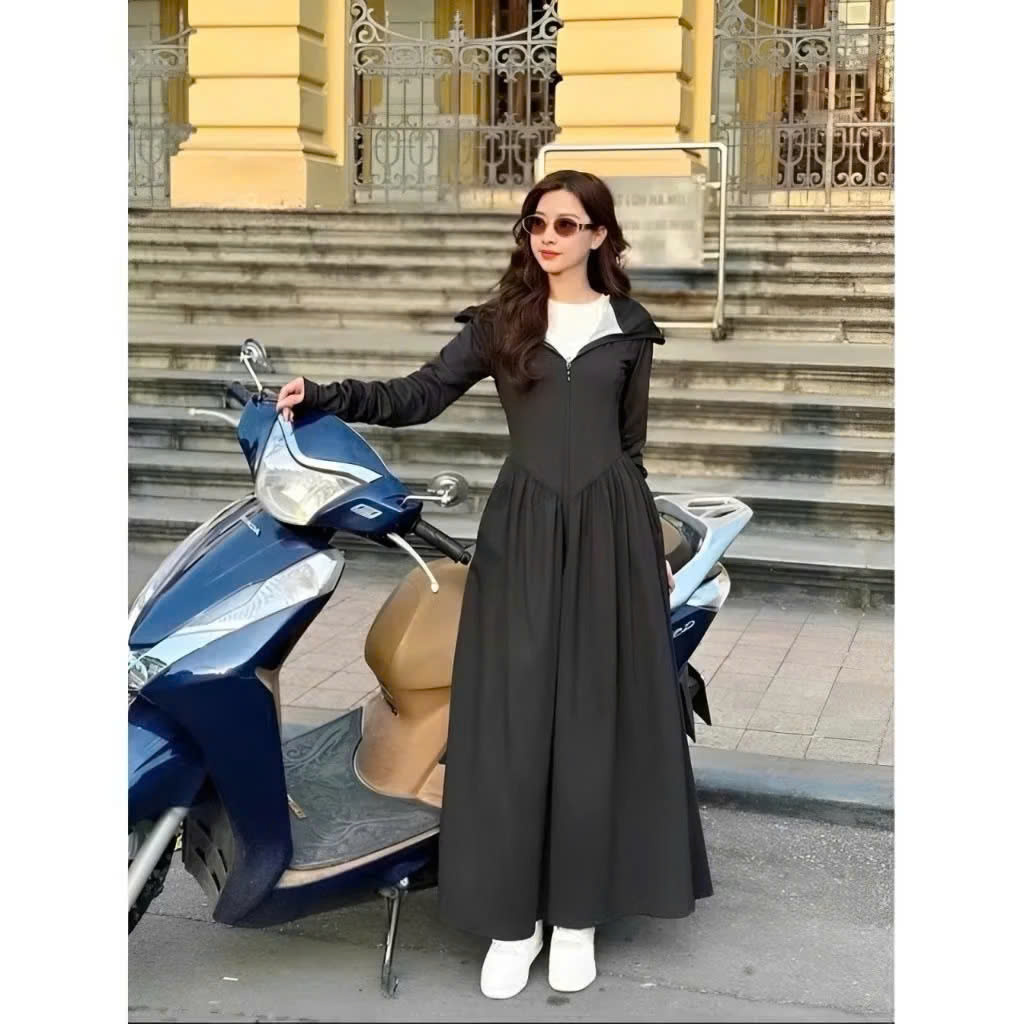 Áo khoác chống nắng nữ toàn thân cao cấp mũ trùm đầu tay xỏ ngón UPF50+ Size XL 53-66kg XANH THAN Vải THUN LẠNH Co Dãn 4 Chiều Dày Dặn Làm Mát | Thời Trang | Đa Dụng  - ÁO KHOÁC CHỐNG NẮNG NỮ