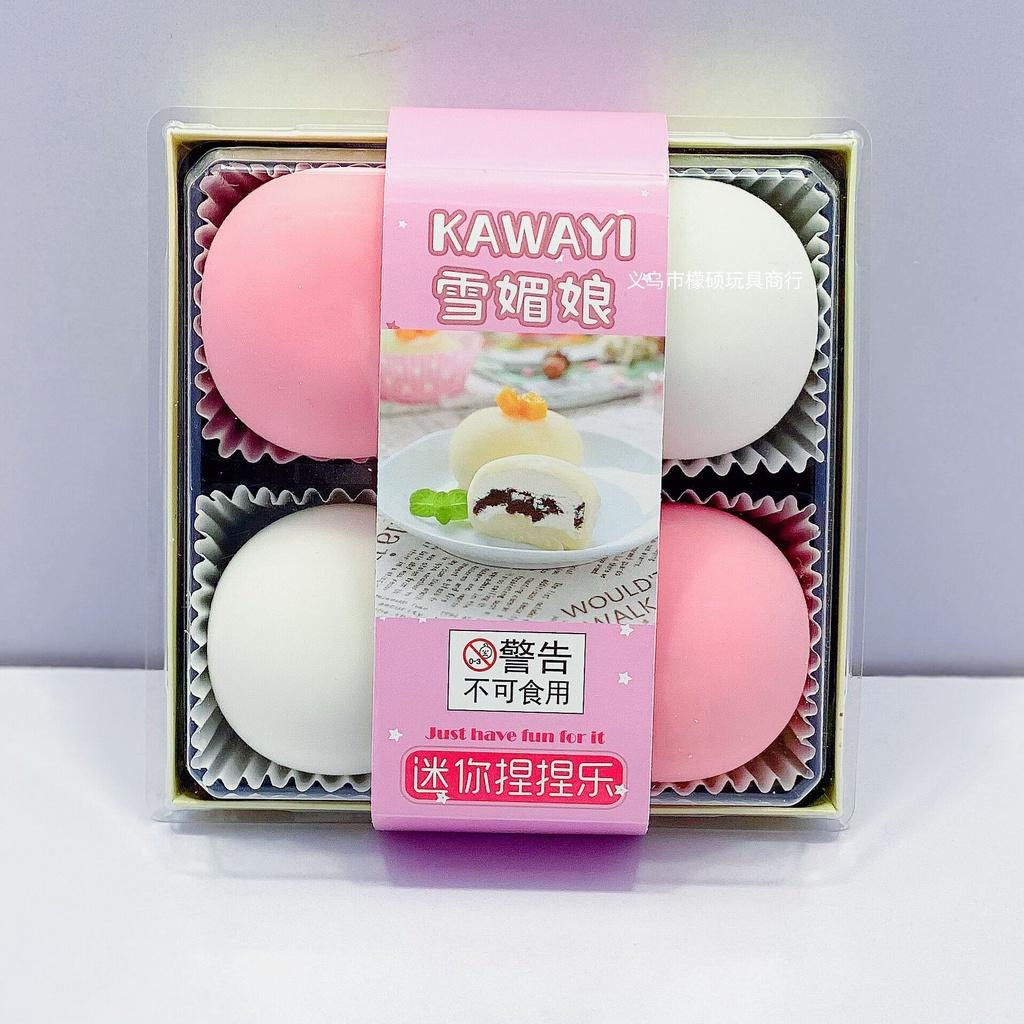 Squishy Mochi Hộp 4 bánh bao trắng hồng siêu đàn hồi mềm mịn dễ thương xả stress giải tỏa căng thẳng