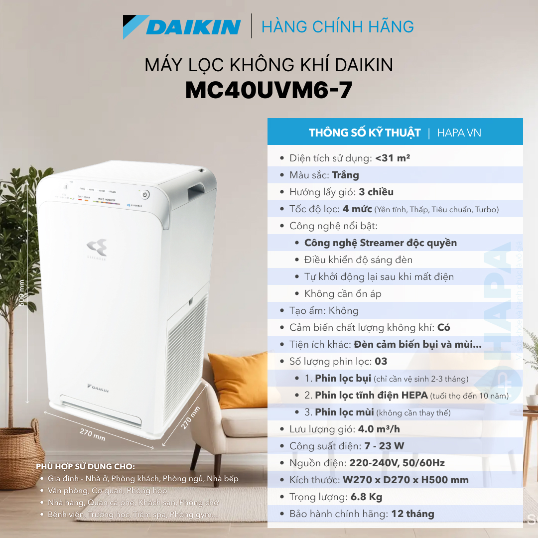 Máy Lọc Không Khí DAIKIN MC40UVM6-7 Phòng &lt; 31m2 Công nghệ HEPA + Streamer - Hàng Chính Hãng DAIKIN