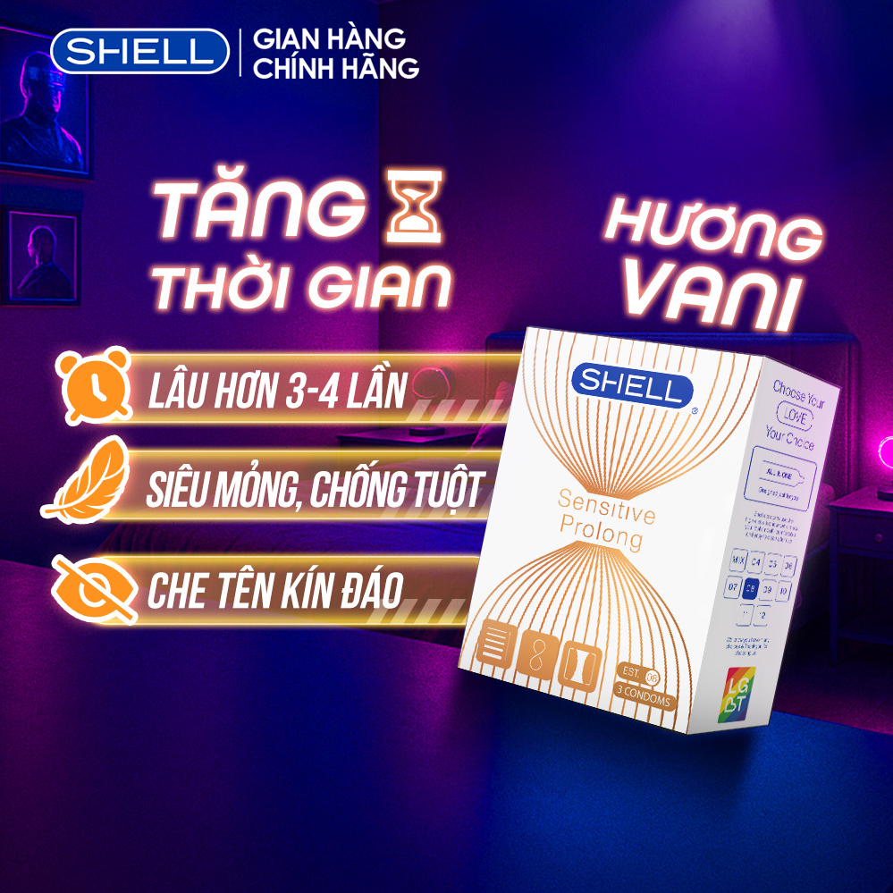 Bao cao su Shell Sensitive Prolong - Siêu mỏng 0.03mm, kéo dài thời gian - Hộp 3 cái | SHELL CHÍNH HÃNG