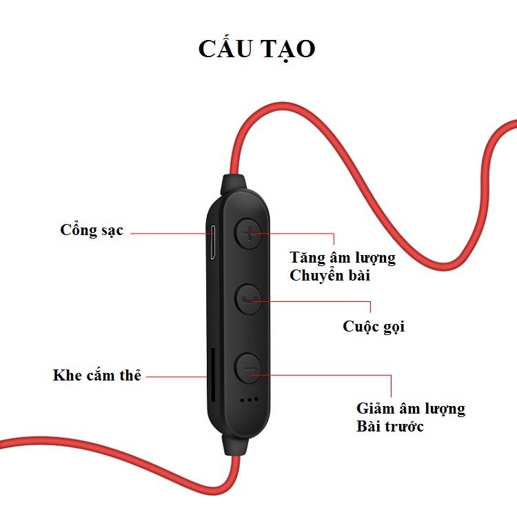 Tai nghe bluetooth thể thao đeo cổ GSD (Nút đeo tai silicone mềm mại - Có micro đàm thoại, tích hợp các phím chức năng ngay trên dây tiện lợi)