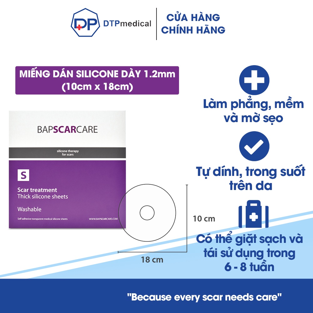 Miếng dán mờ sẹo Bapscarcare S, miếng dán làm phẳng và mềm sẹo lồi, sẹo phì đại, sẹo lâu năm hiệu quả (1 miếng)