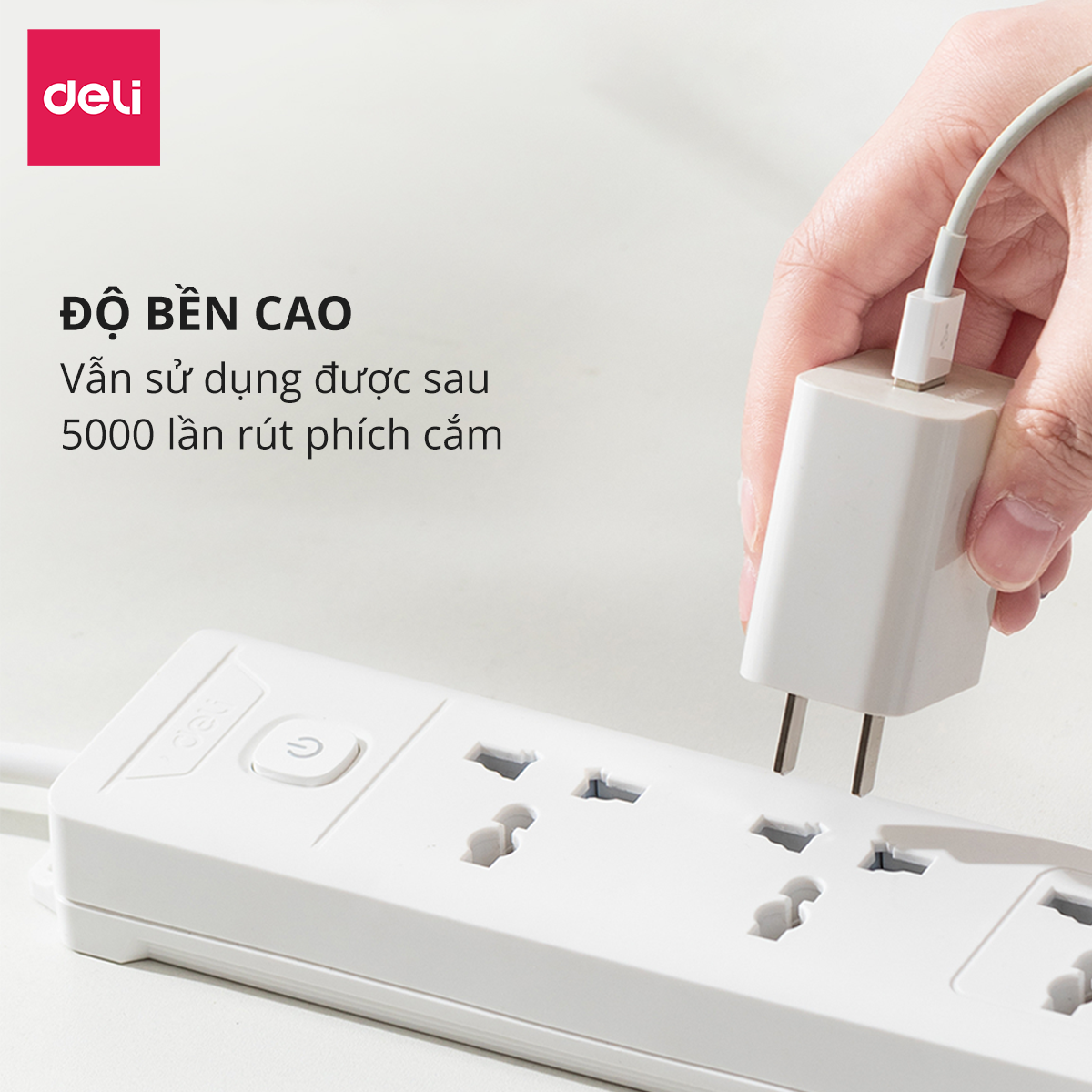 Ổ Cắm Điện Đa Năng Kèm Cổng USB Có Công Tắc Tải 2500W Nắp Chống Giật Chống Cháy Chất Lượng Cao Deli - Dây 2M/3M/5M - ET401 411