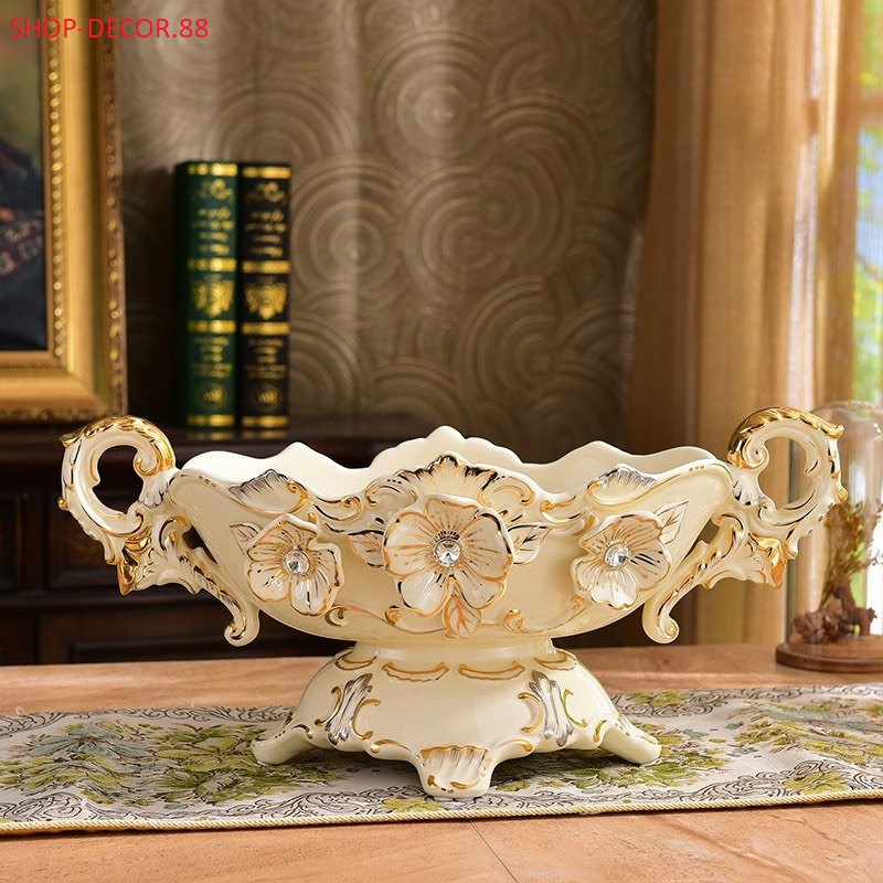 Khay hoa quả gốm trắng cao cấp họa tiết vẽ vàng 24k Decor trang trí nhà đẹp