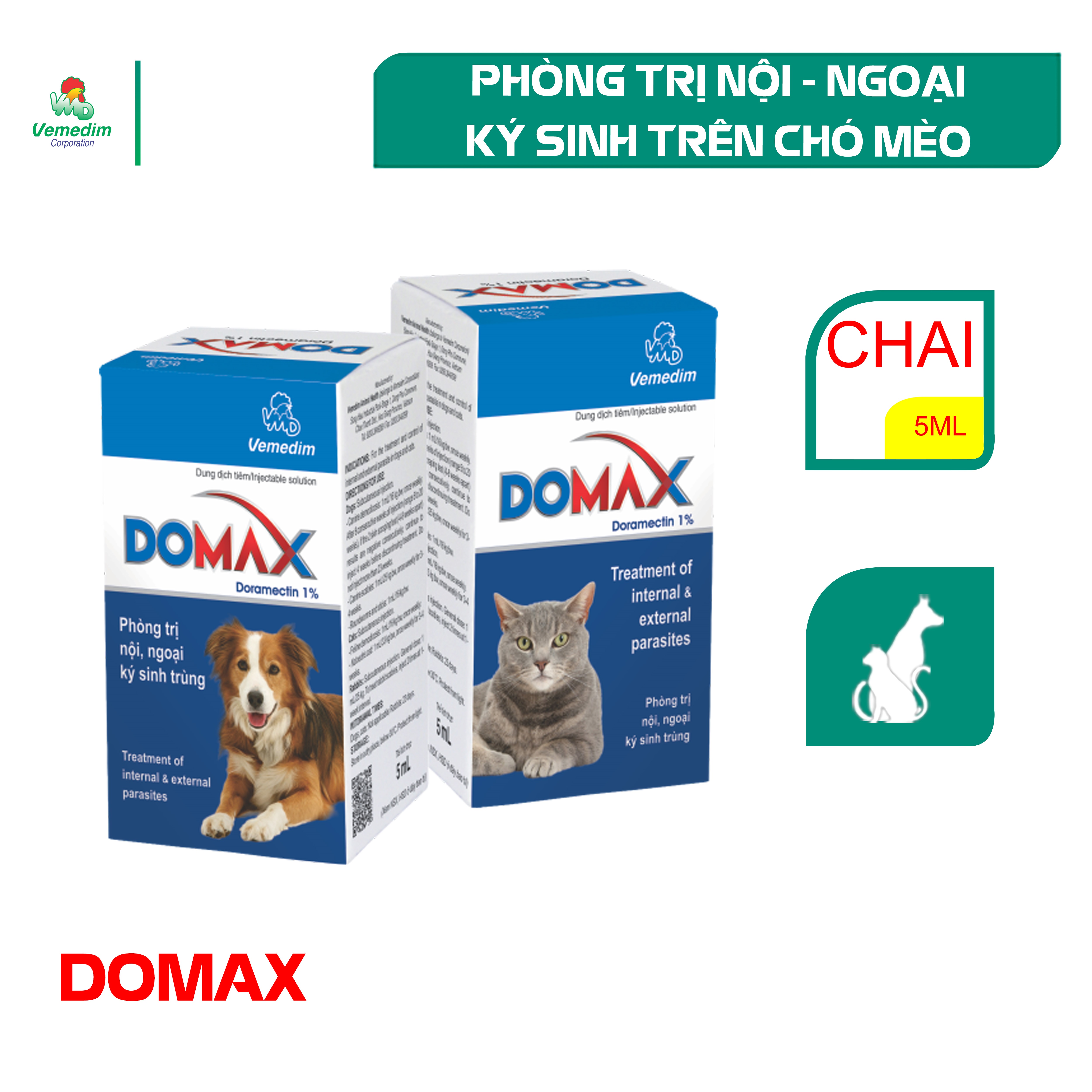 Vemedim Domax dung dịch tiêm trị nội ngoại ký sinh cho chó mèo như giun, cái ghẻ, rận, ve, chai 5ml