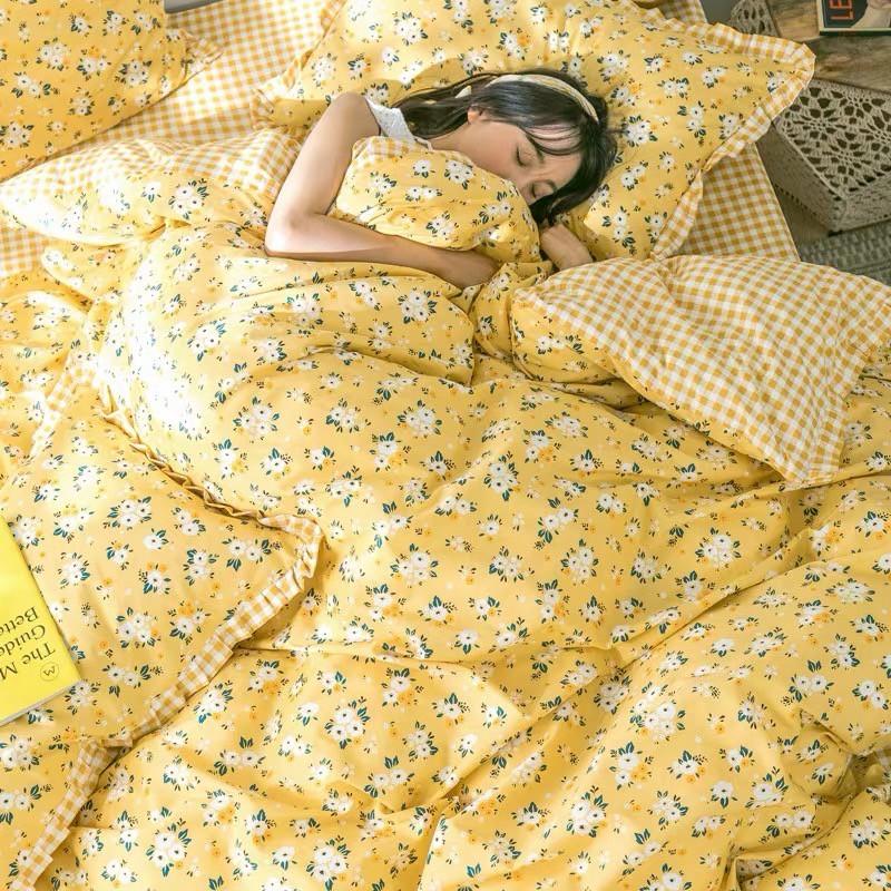Bộ chăn ga gối phong cách Hàn Quốc hoa vàng vintage bo chun đủ kích thước