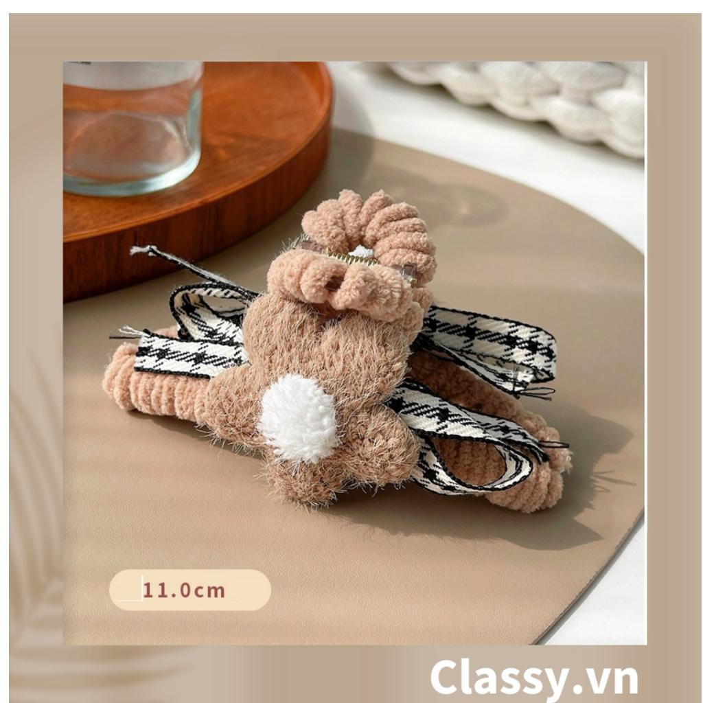 Kẹp càng cua Classy đính lông đính nơ, đính hoa màu be sang trọng PK1626