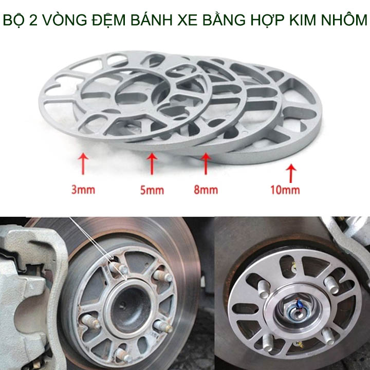 Combo 2 miếng đệm bánh xe hơi bằng hợp kim nhôm, loại dày 3-5-8-10mm tùy chọn