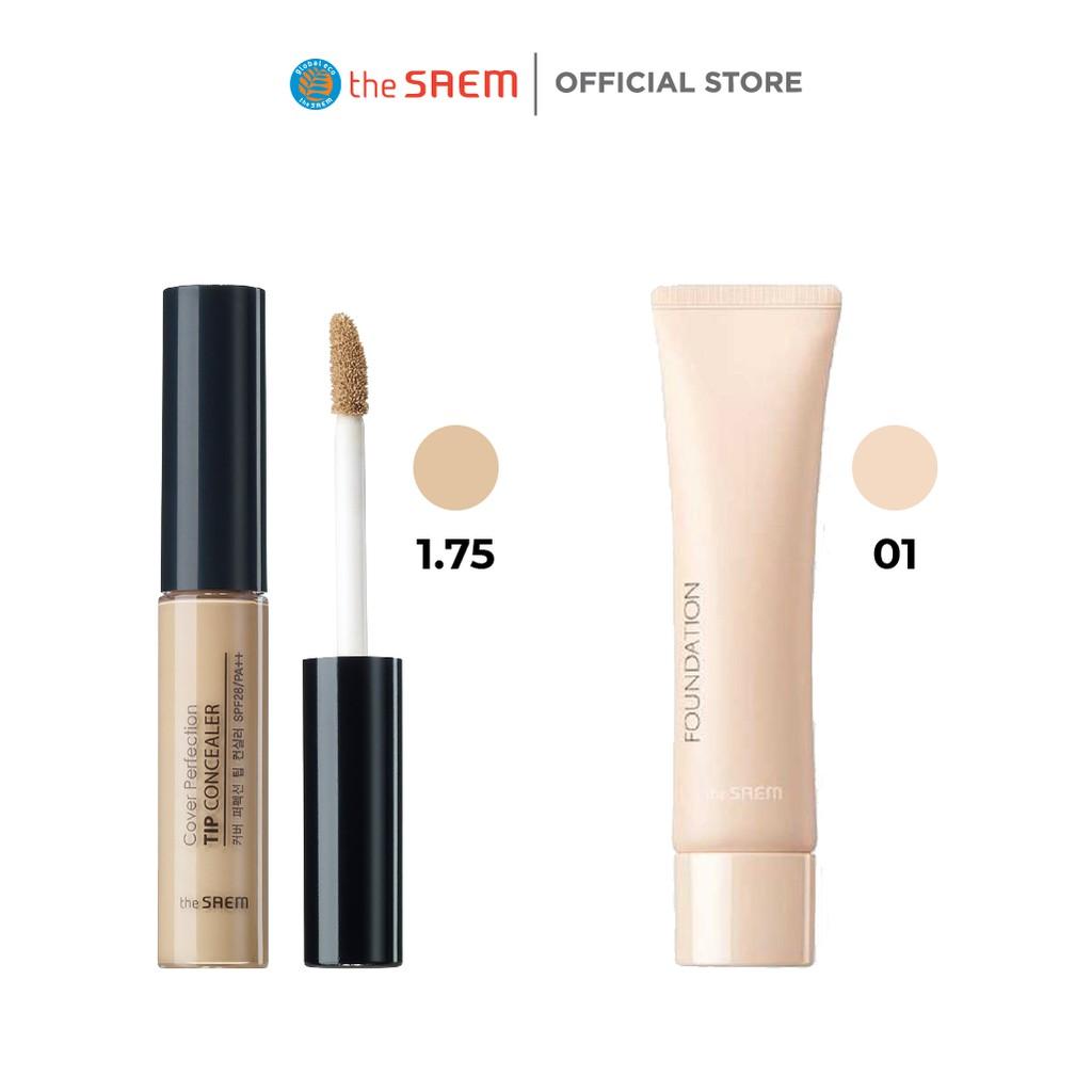 Kem che khuyết điểm tone 1.75 Middle Beige + Kem nền the SAEM 01 Light Beige