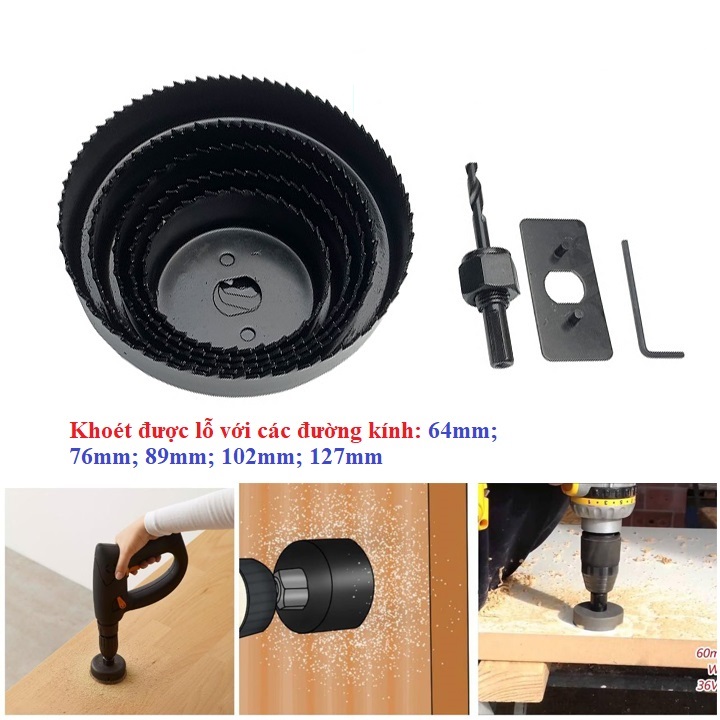 Bộ dụng cụ khoét lỗ 8 chi tiết - 5 vành khoét 64mm; 76mm; 89mm; 102mm; 127mm