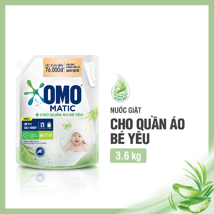 Túi Nước Giặt Omo Matic Cho Quần Áo Bé Yêu Chiết Xuất Tràm Trà Và Nha Đam Dịu Nhẹ, Sạch Khuẩn 3.6Kg
