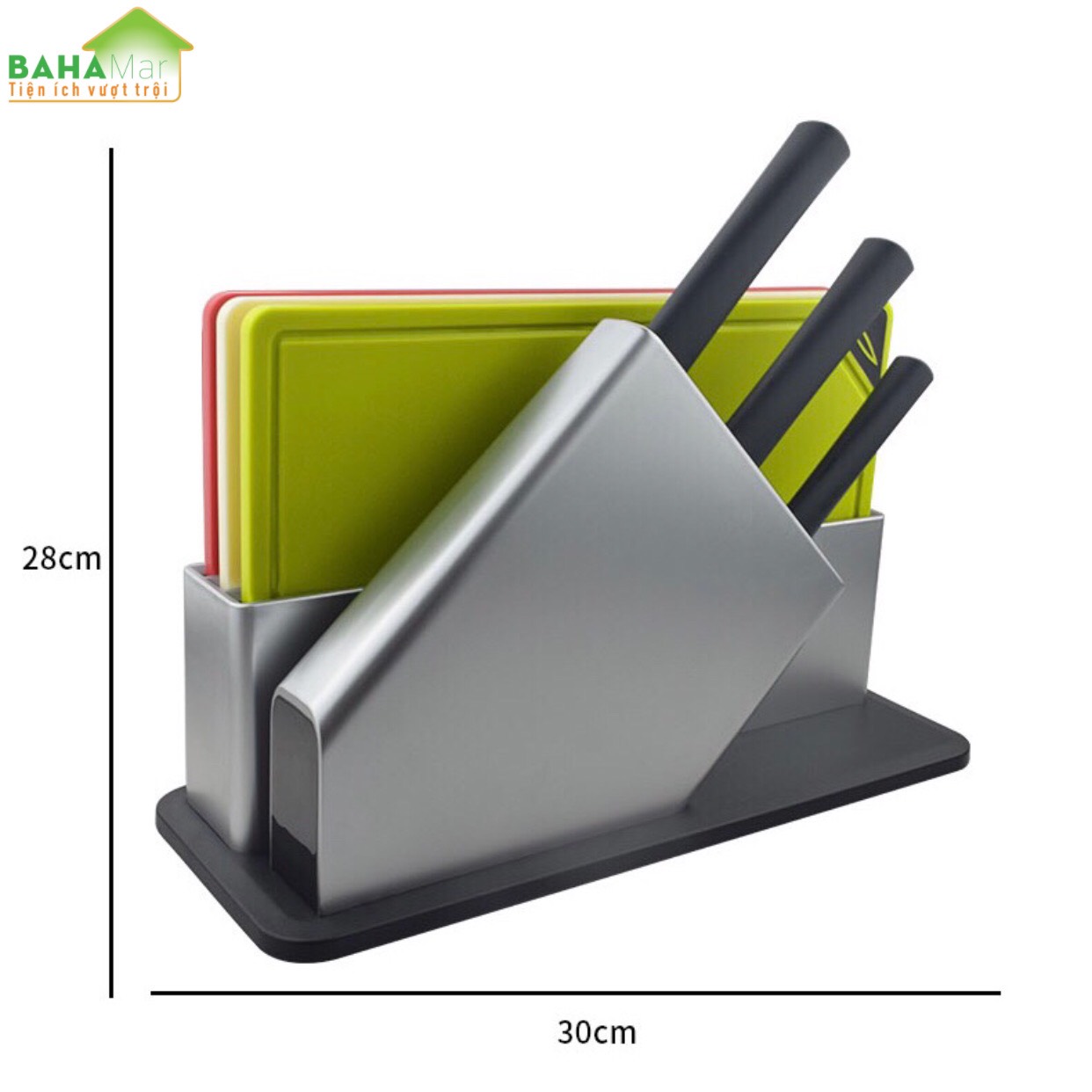 BỘ DAO THỚT PHÂN LOẠI SỬ DỤNG THỰC PHẨM AN TOÀN "BAHAMAR" Cùng bộ 3 dao bằng thép không gỉ tương ứng với 3 thớt theo cùng màu sắc thể hiện.