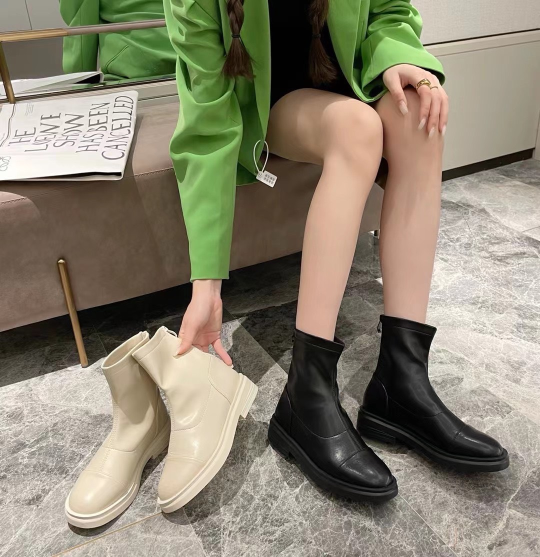 ỚI VỀ CÓ SẴN - ẢNH THẬT Giày bốt nữ cổ ôm mũi tròn đế 3cm da mềm màu đen trắng nâu khóa sau cao cấp