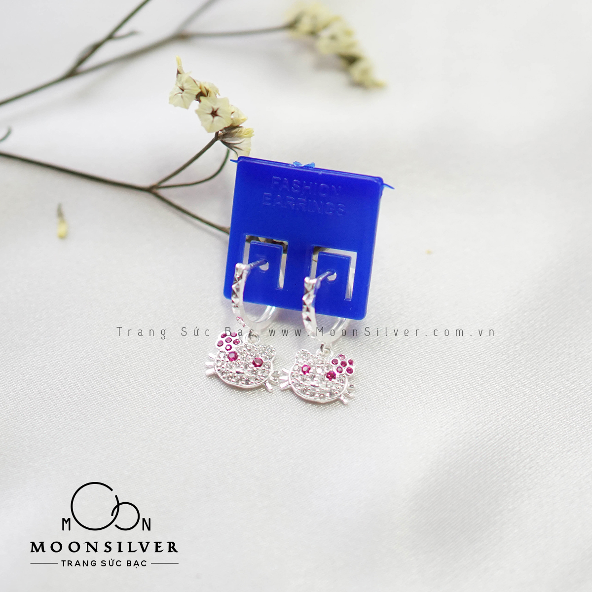 Khuyên tai bạc mèo kitty cho bé gái, bông tai bạc Moonsilver