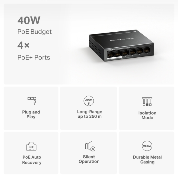 Bộ Switch Chia Mạng Mercusys MS106LP 6 Cổng 10/100Mbps với 4 Cổng PoE+ - Hàng Chính Hãng