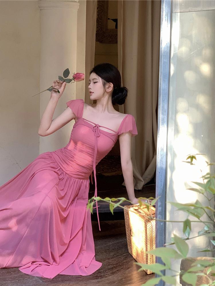 CHENGRUI Pháp ngọt ngào quần chúng lưới váy mùa hè nàng tiên khí chất thắt lưng hiển thị gầy váy xếp nếp nhẹ nhàng váy dài gió