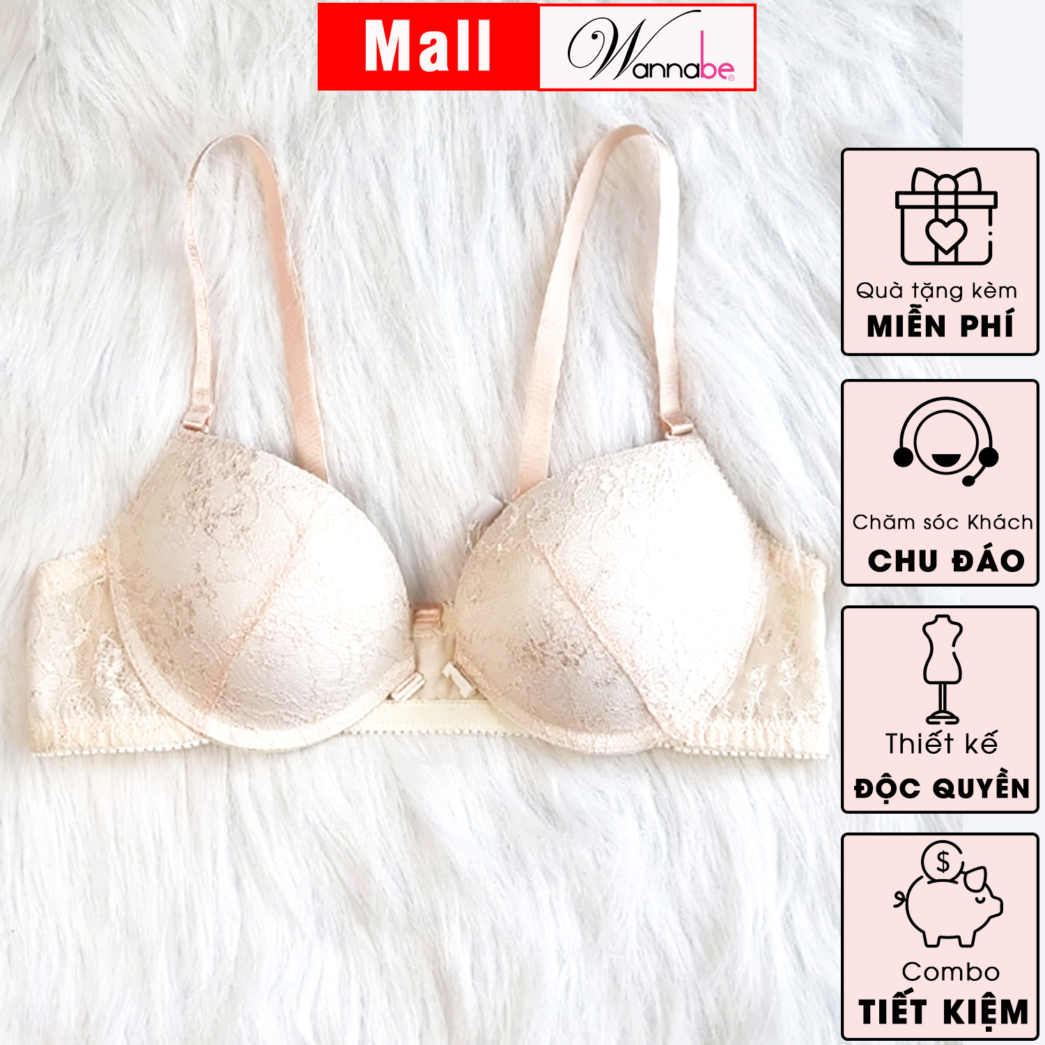 Áo ngực mút dày Wannabe AN32B áo chíp cài trước, phối ren hoa cách điệu