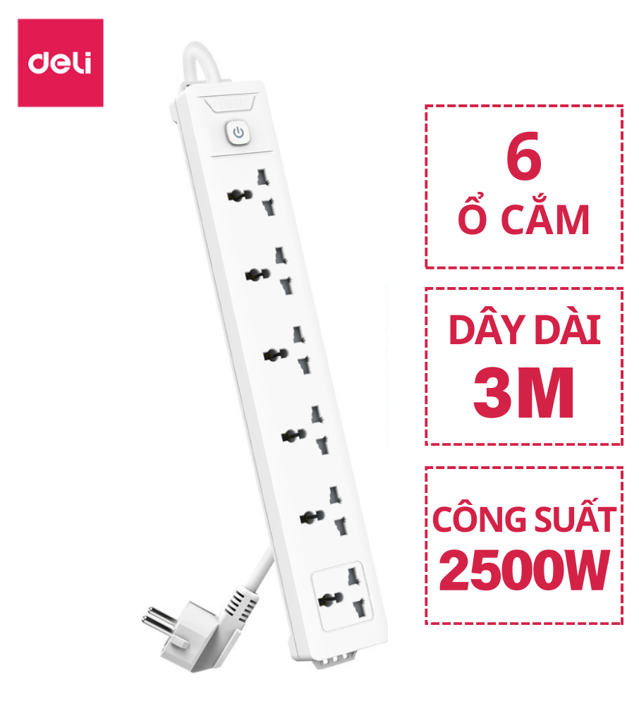 Ổ Cắm Điện Tích Hợp Cổng Usb Đa Năng Deli , 2 - 6 Lỗ Cắm Đầu 3 Công Suất 2500W, Dây 2 - 5M Tiện Dụng, An Toàn, Chống Cháy Nổ - 6 Ổ, 1 Nguồn, Dây 3M