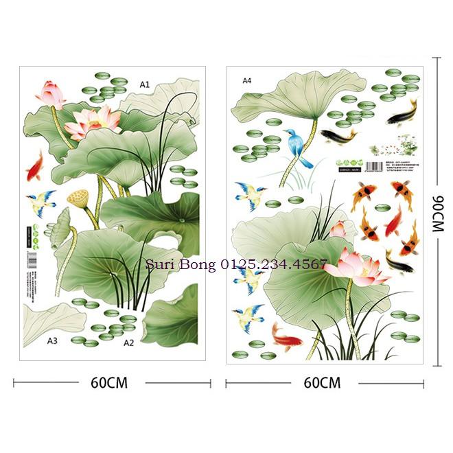Decal dán tường Cá và hoa sen 3D SIÊU HOT