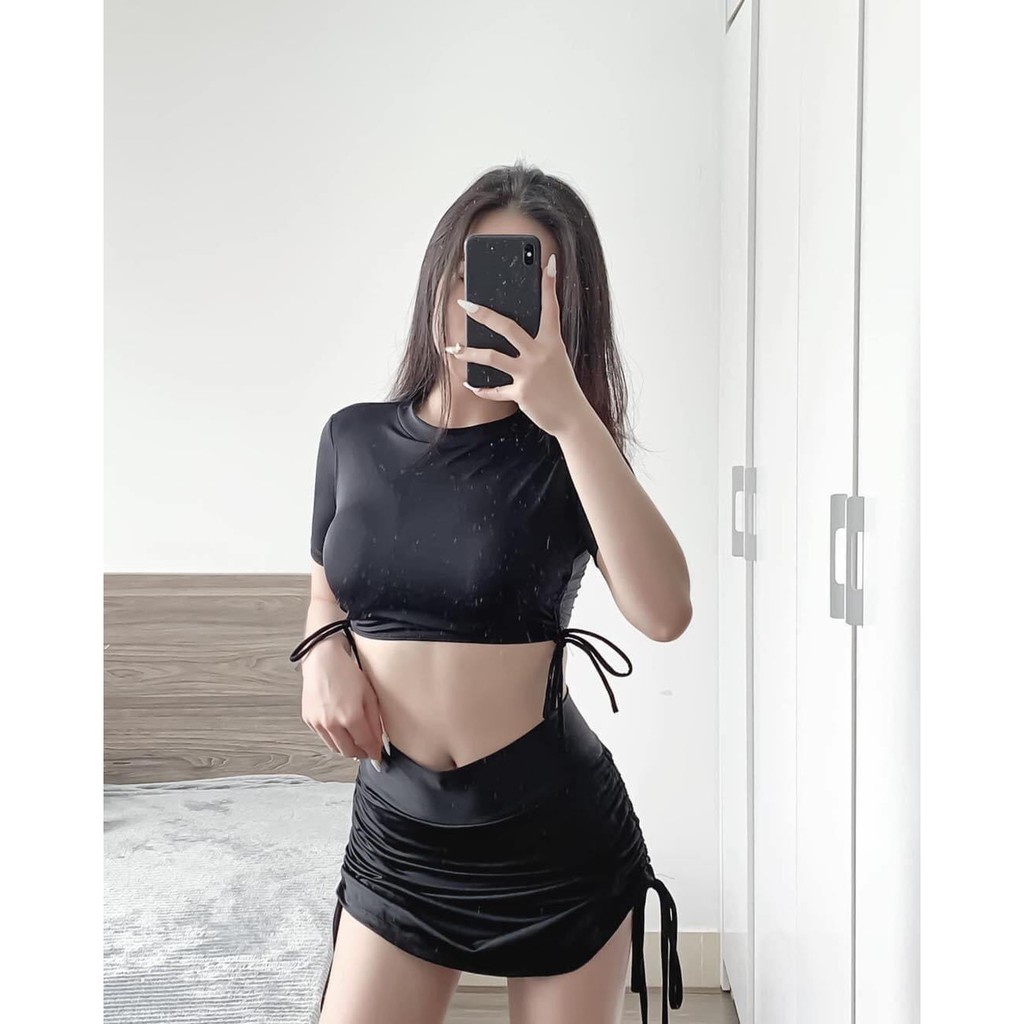 BIKINI HAI MẢNH, ĐỒ BƠI NỮ CROPTOP TAY NGẮN VÁY RÚT  DÂY