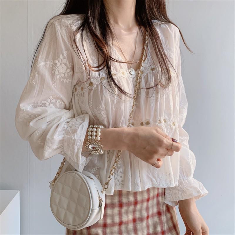 Áo Sơ Mi Cổ Chữ V In Hoa Xinh Xắn Phong Cách Hàn Quốc