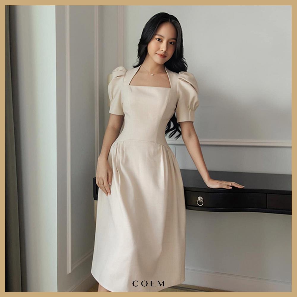 Váy Dự Tiệc Cổ Vuông Thiết Kế Tay Phồng Dáng Xoè Màu Beige Sang Trọng CO EM Đầm Midi Chất Liệu Cotton Premium Cao Cấp