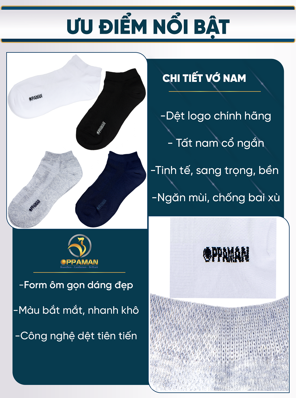 Vớ nam cổ ngắn Oppaman khử mùi kháng khuẩn cotton bao mềm mịn OVT2- 1 đôi