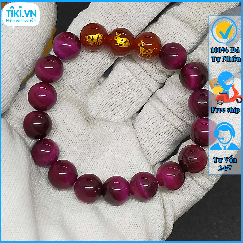Vòng tay 12 con giáp tam hợp hợi mão mùi - chất liệu mắt hổ hồng tự nhiên - size 8 10ly cho người mệnh thổ, mệnh hỏa - có khai quang điểm nhãn may mắn tài lộc - bảo hành 12 tháng - PHONG THỦY ANH VŨ