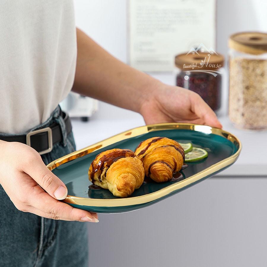 Bộ Bát, Đĩa Sứ Màu Xanh Cổ Vịt - Sứ Cẩm Thạch Viền Vàng 24k Sang Trọng